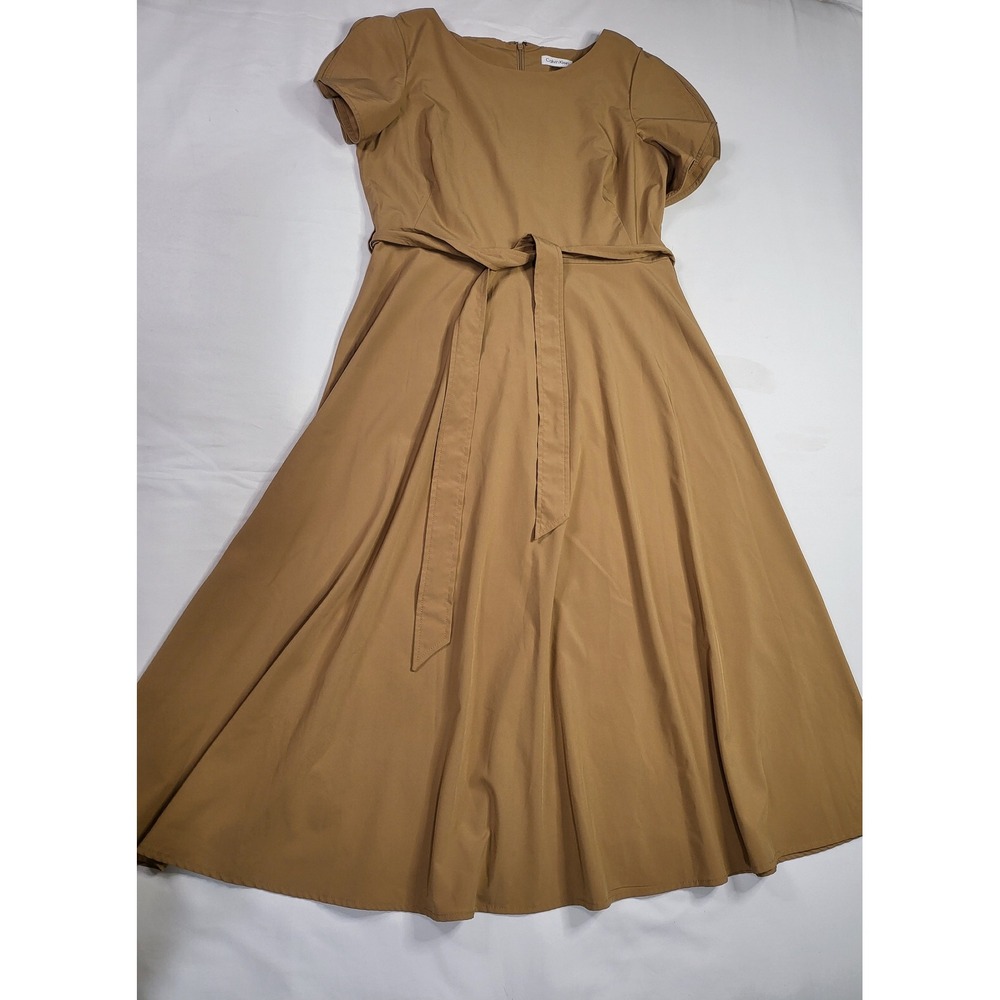 Calvin Klein Camel Tan Short Sleeve Petal Sleeve Tie Waist Midi Dress Size 14